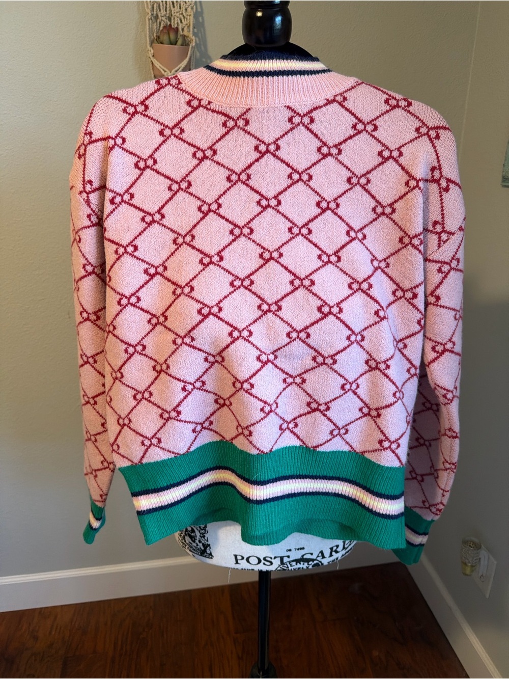 SHEIN Pink Patterned Crewneck Sweater with Green Stripe Hem never worn